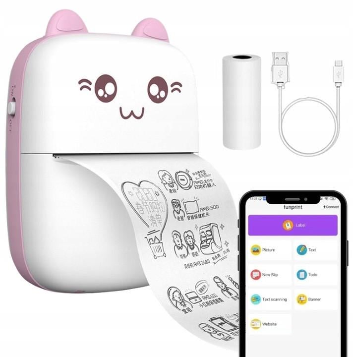 Термопринтер детский с набором бумаги Котик portable mini printer Розовый - фото 2