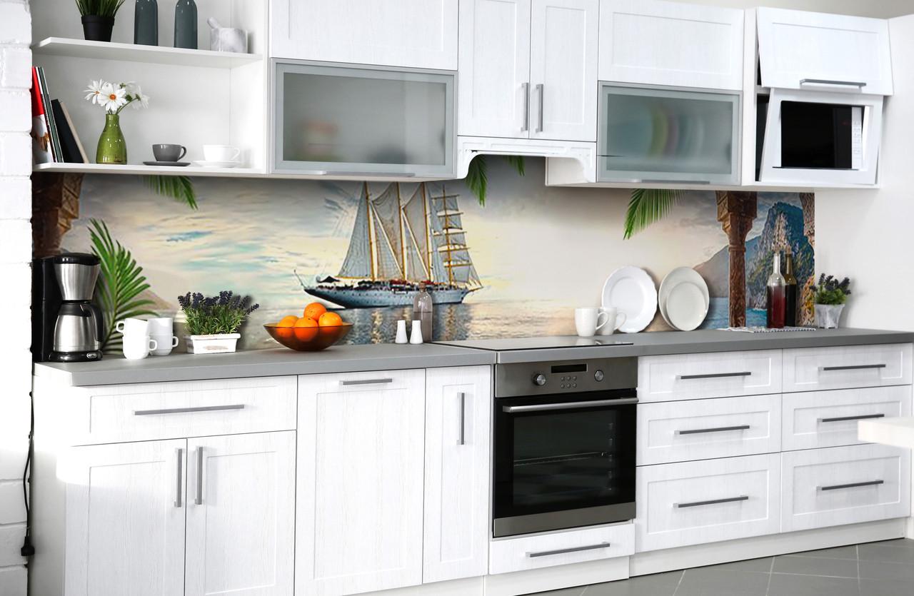 Кухонный фартук Корабль в тропиках пальмы из самоклеящейся виниловой пленки 60х300 см Голубой