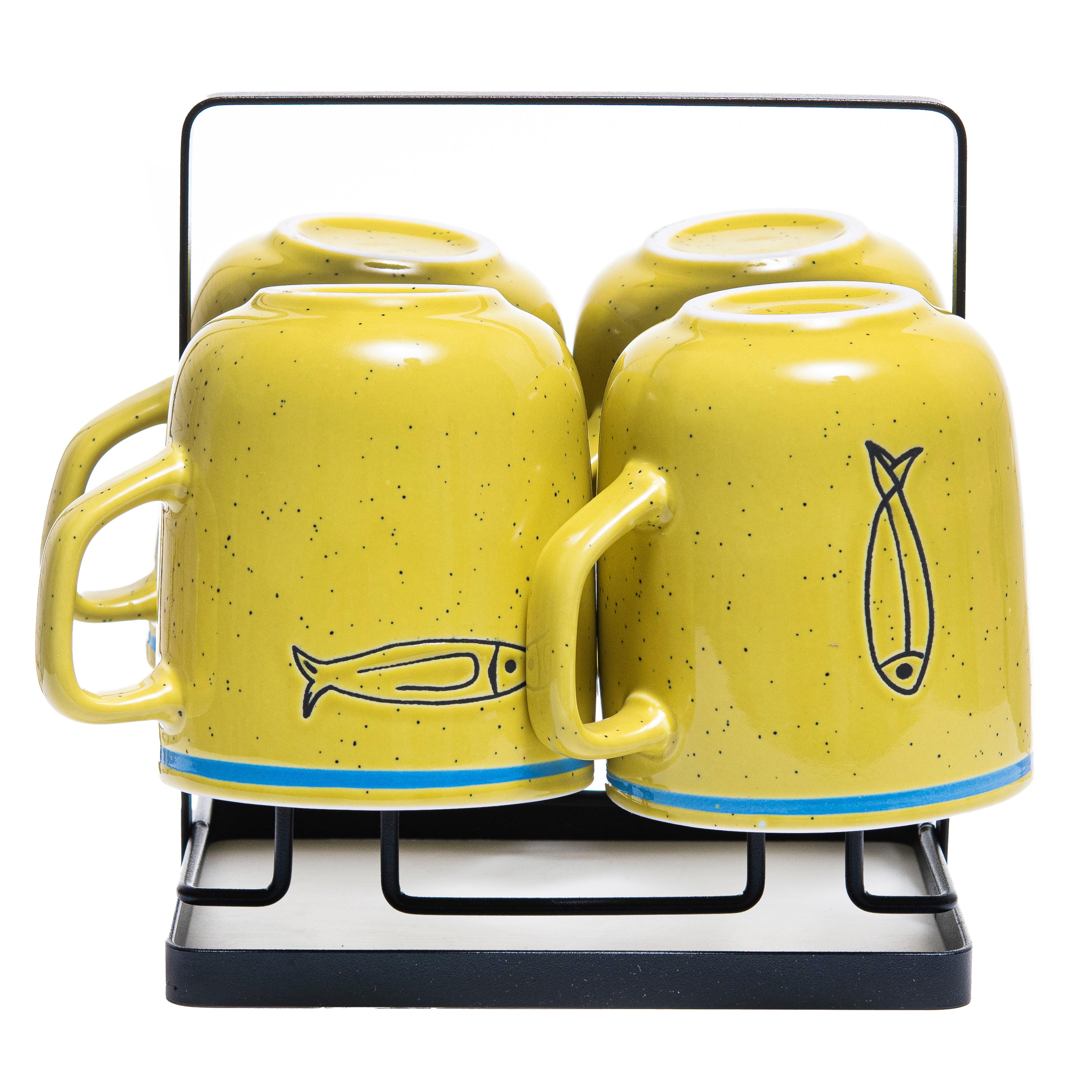 Набор чашек elemi Fish&Chill с подставкой керамика/металл 390 мл 4 шт. Желтый/Голубой (УТ-00094453) - фото 2