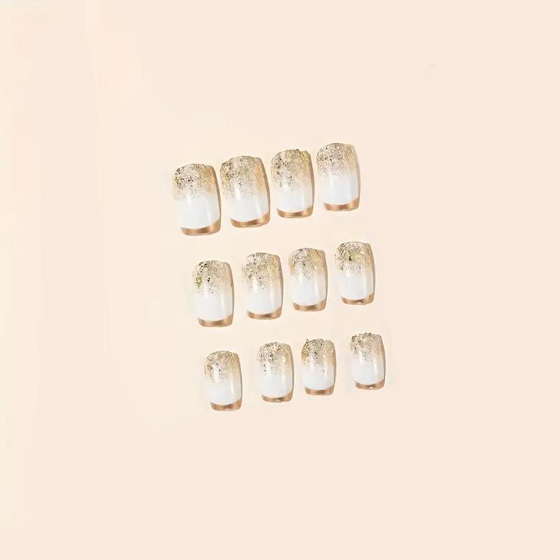 Накладные ногти Сверкающий френч квадрат средней длины с клеевыми пластинами 24 шт. Золотистый (2789190692) - фото 5