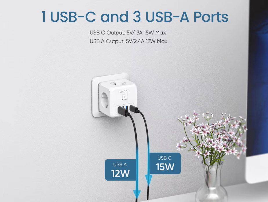 Сетевой фильтр тройник LENCENT PA037EU 7в1 с выключателем и 3 USB/1TYPE-C - фото 6 Сетевой фильтр тройник LENCENT PA037EU 7в1 с выключателем и 3 USB/1TYPE-C - фото 6