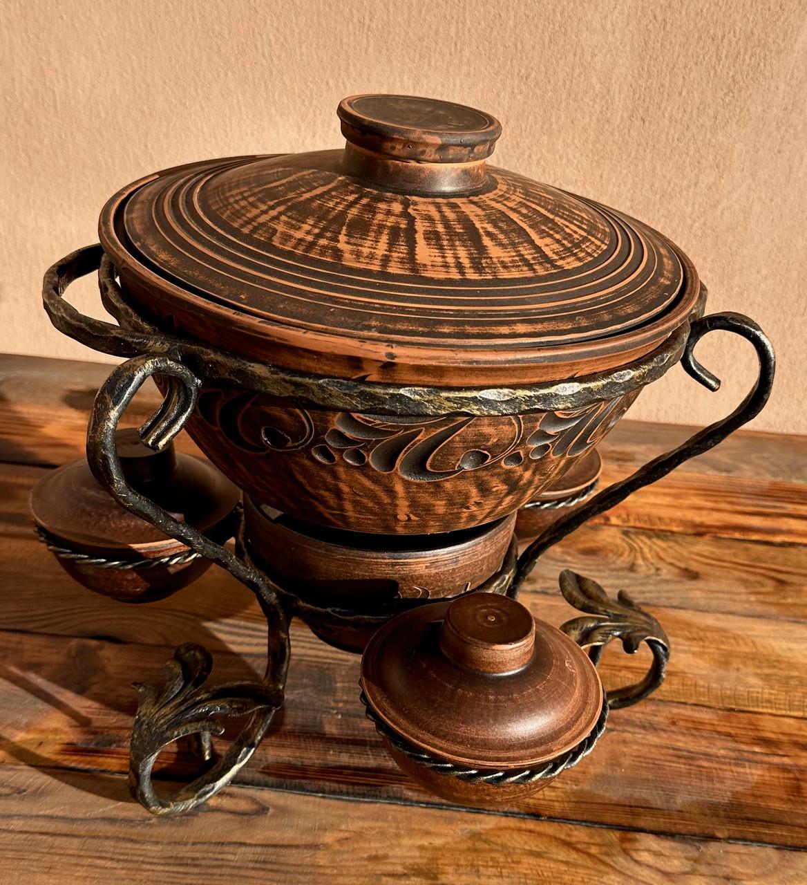 Садж Макітра із червоної глини з соусницями