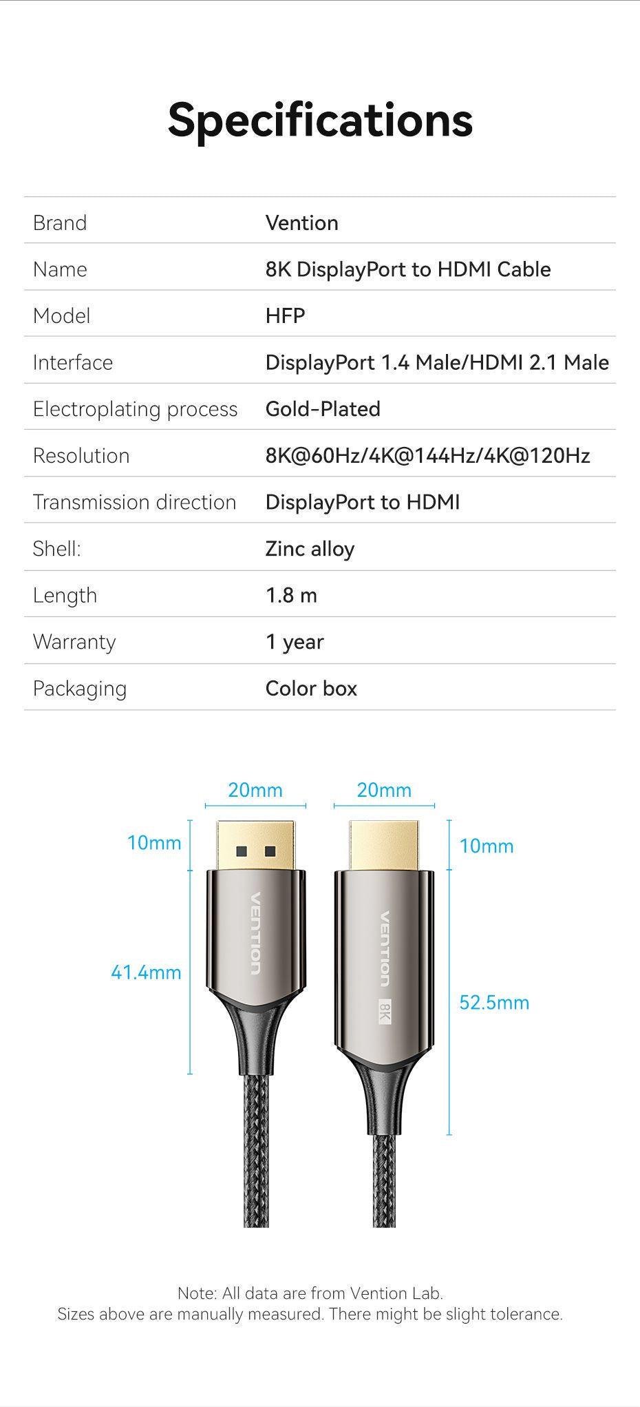 Кабель Vention DisplayPort-HDMI 8K 60Hz 4K 144Hz 2K 165Hz DP 1.4 до HDMI 2.1 відеоконвертер HDCP 2.3, HDR 10, DSC 1,8 м Чорний (HFPBAC) - фото 7 Кабель Vention DisplayPort-HDMI 8K 60Hz 4K 144Hz 2K 165Hz DP 1.4 до HDMI 2.1 відеоконвертер HDCP 2.3, HDR 10, DSC 1,8 м Чорний (HFPBAC) - фото 7