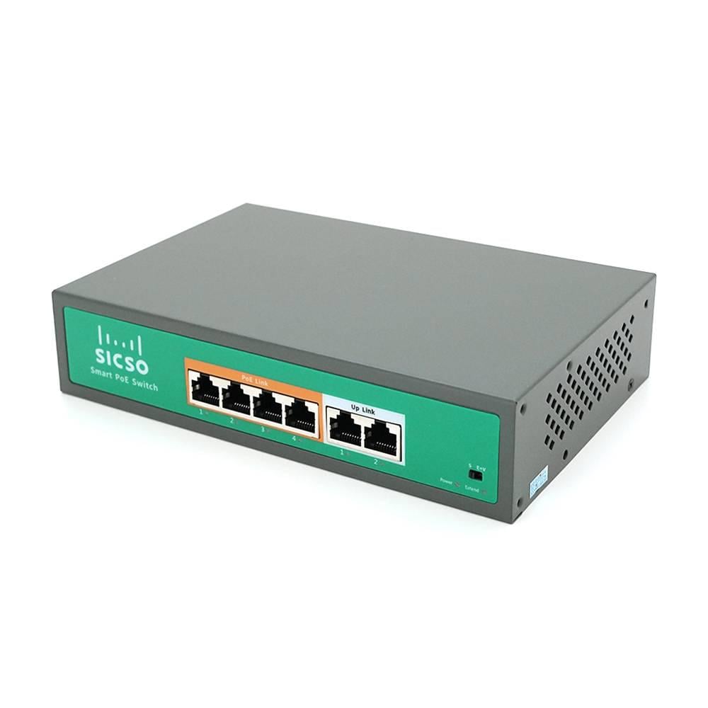 Комутатор POE SICSO 48V з 4 портами з посиленим сигналом до 250 м металевий корпус Silver (34239)
