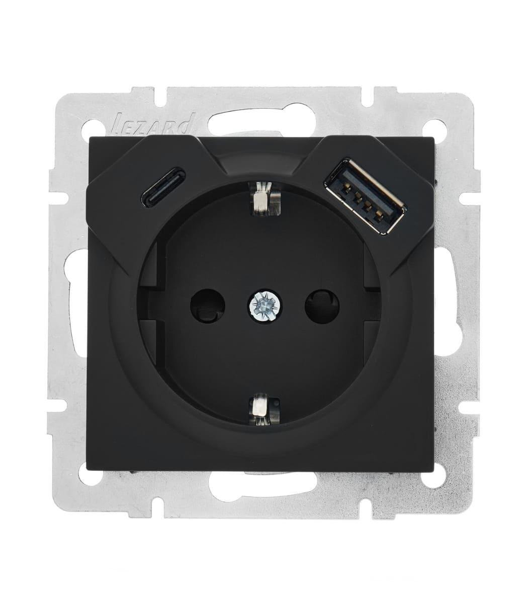 Розетка одинарна Lezard Vesna USB/TC з/з Чорний (742-4288-181TC)