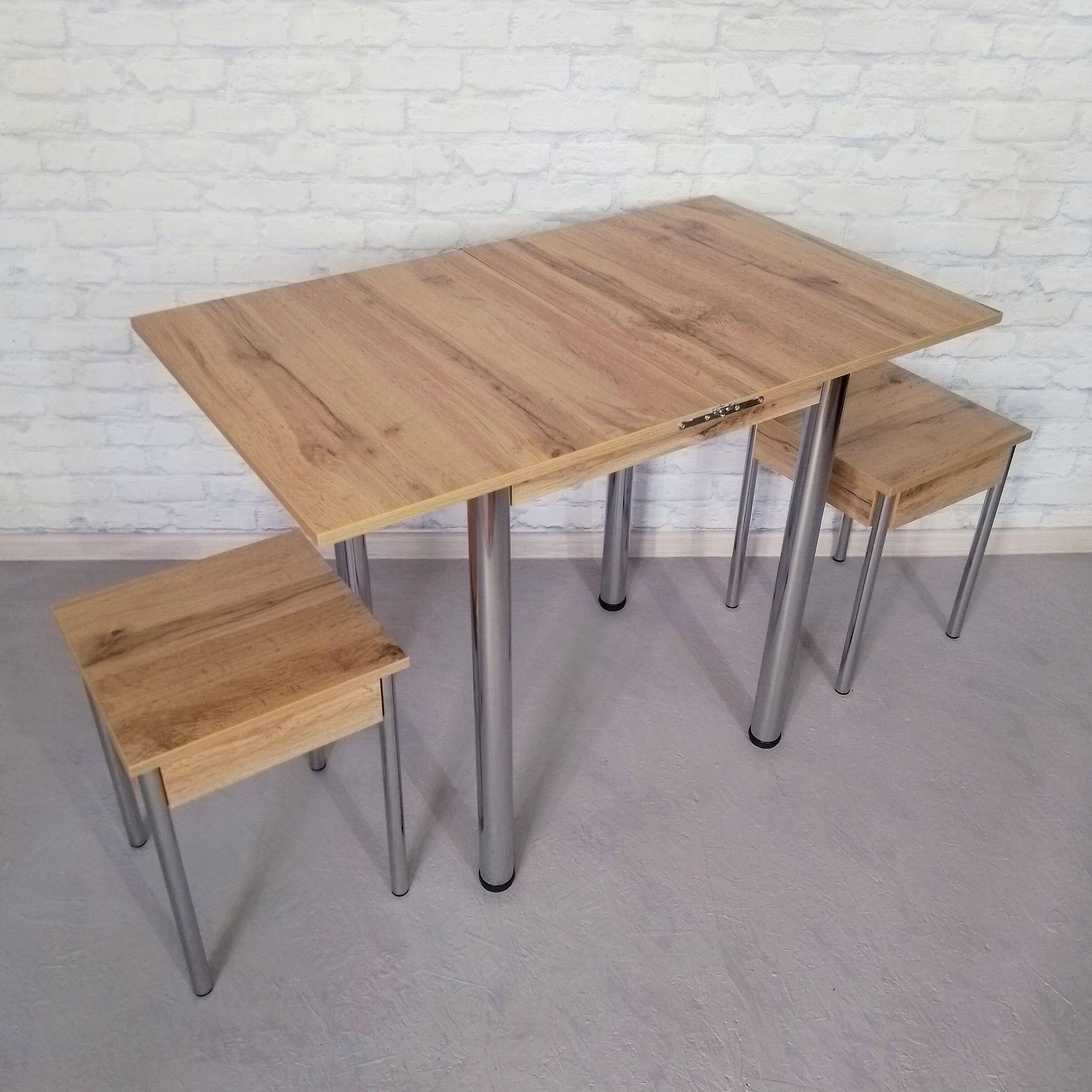 Обеденный стол и 2 табурета Смарт раскладной/ножки металлические 60х50х75 см/100х60х75 см Дуб аппалачи/Хром (0041)