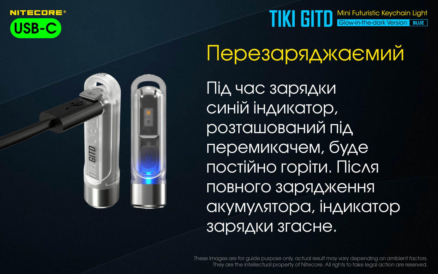 Фонарь наключительный Nitecore TIKI GITD Type-C люминесцентный с ультрафиолетом Blue (010331/1) - фото 10