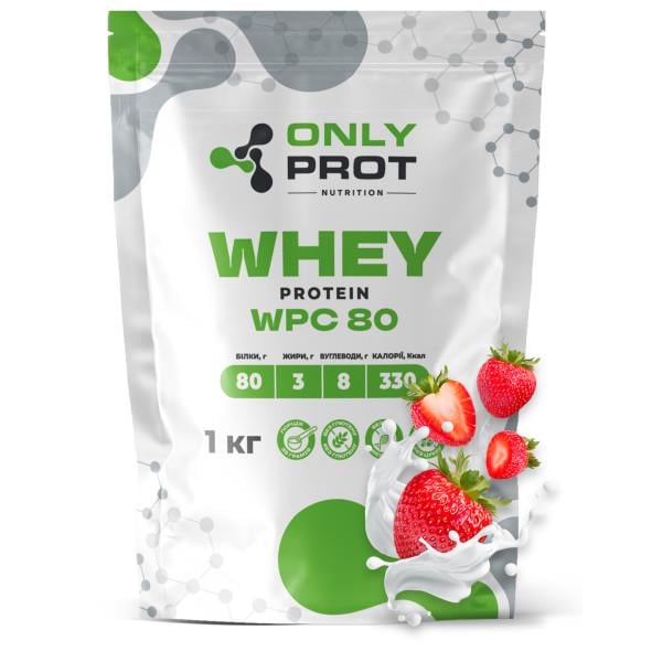 Протеин сывороточный концентрат Onlyprot Whey Protein WPC 80% для набора мышечной массы 1 кг. Клубника (21-145-wpc-80-p-1kg)