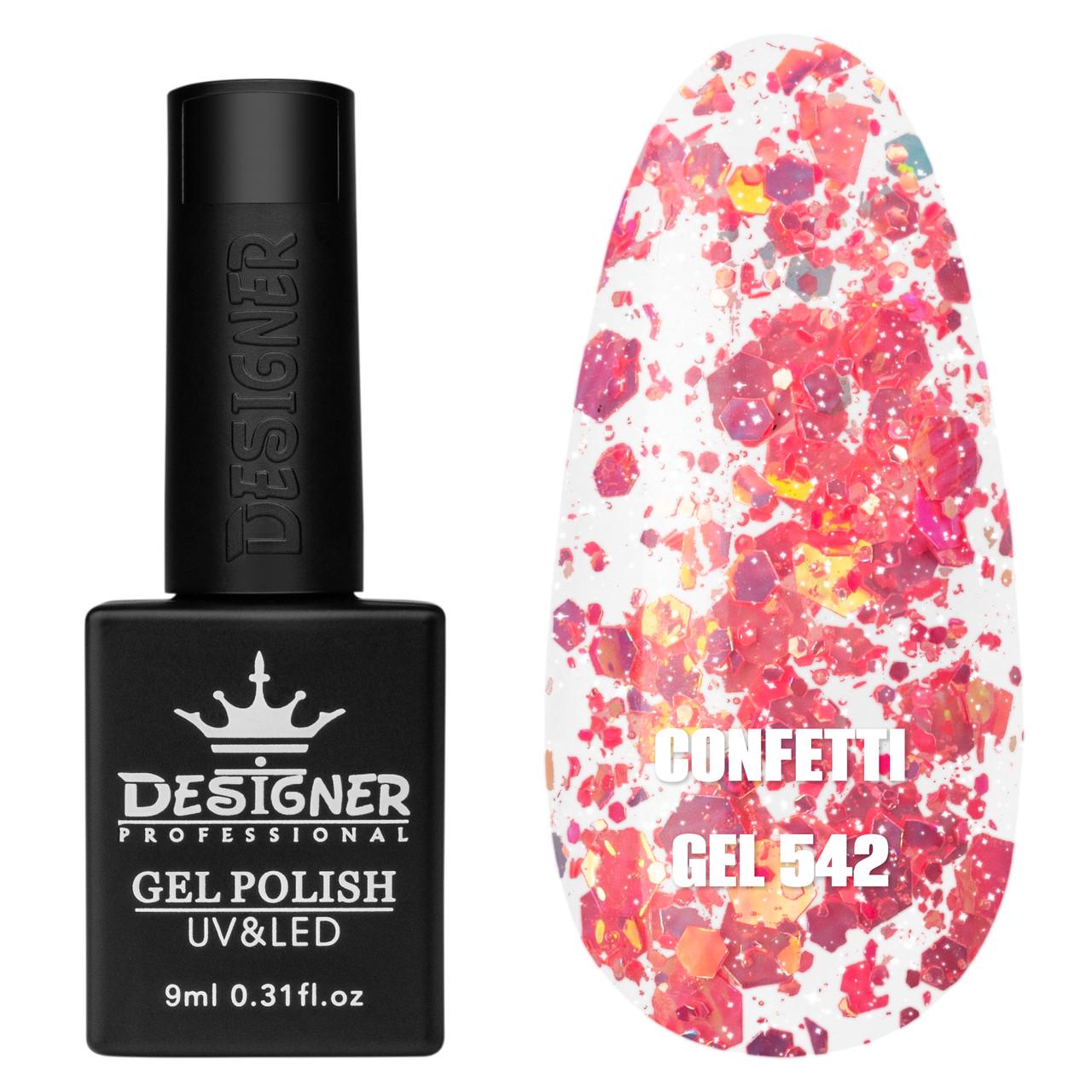 Гель-лак для маникюра Confetti gel Дизайнер с конфетти 9 мл Розовый №542