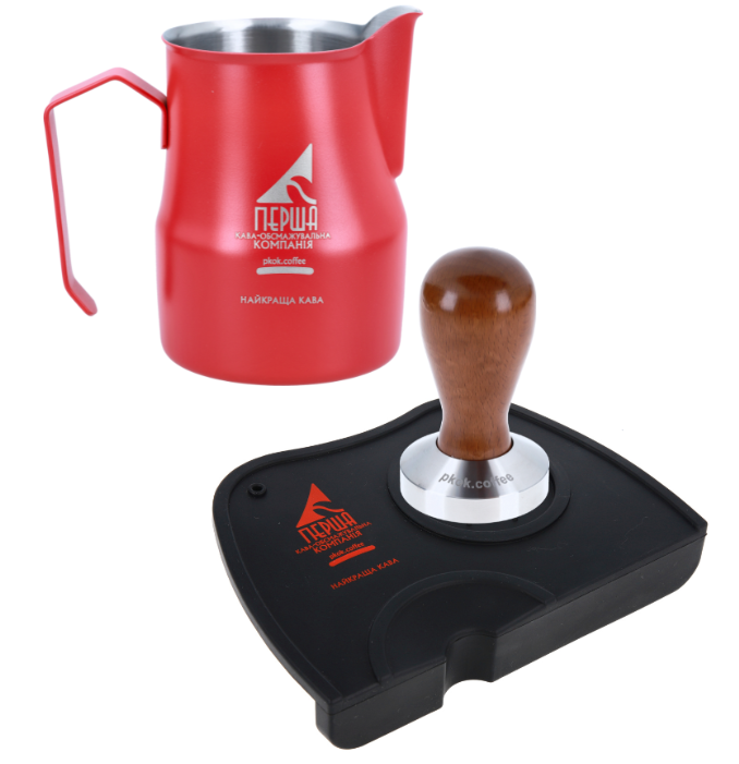 Набір баристи 3 темпер для кави та пітчер для молока тип Motta зі шкалою і килимком Червоний - фото 1