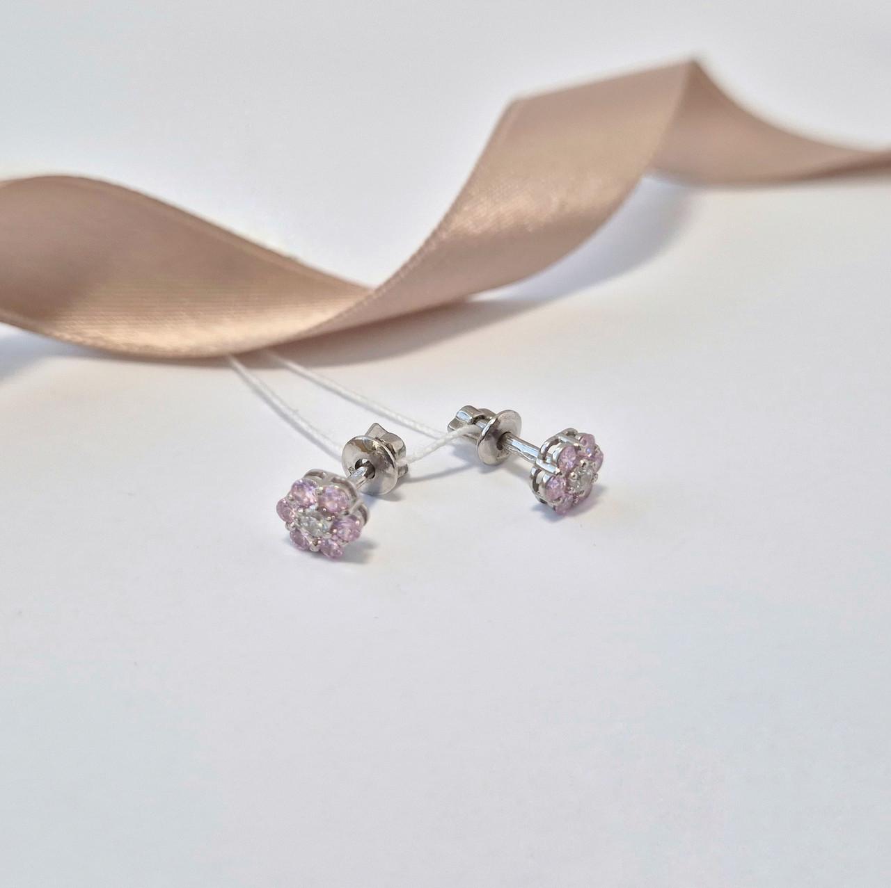 Серьги гвоздики на закрутках ромашка с розовыми камнями серебро 925 пробы родированное 1,21 г (72226р)