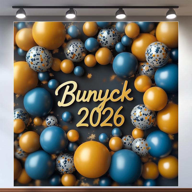 Баннер для фотозоны "Випуск 2026" золотая надпись в рамке из сине-желтых шаров и конфетте фотозона 120x120 см №41013 Баннер для фотозоны "Випуск 2026" золотая надпись в рамке из сине-желтых шаров и конфетте фотозона 120x120 см №41013