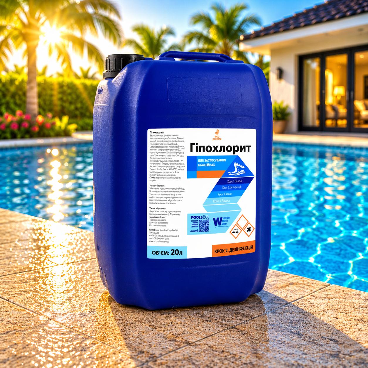 Гипохлорит натрия 12% стабилизированный Water World Window для бассейна Жидкий хлор для дезинфекции воды 20 л