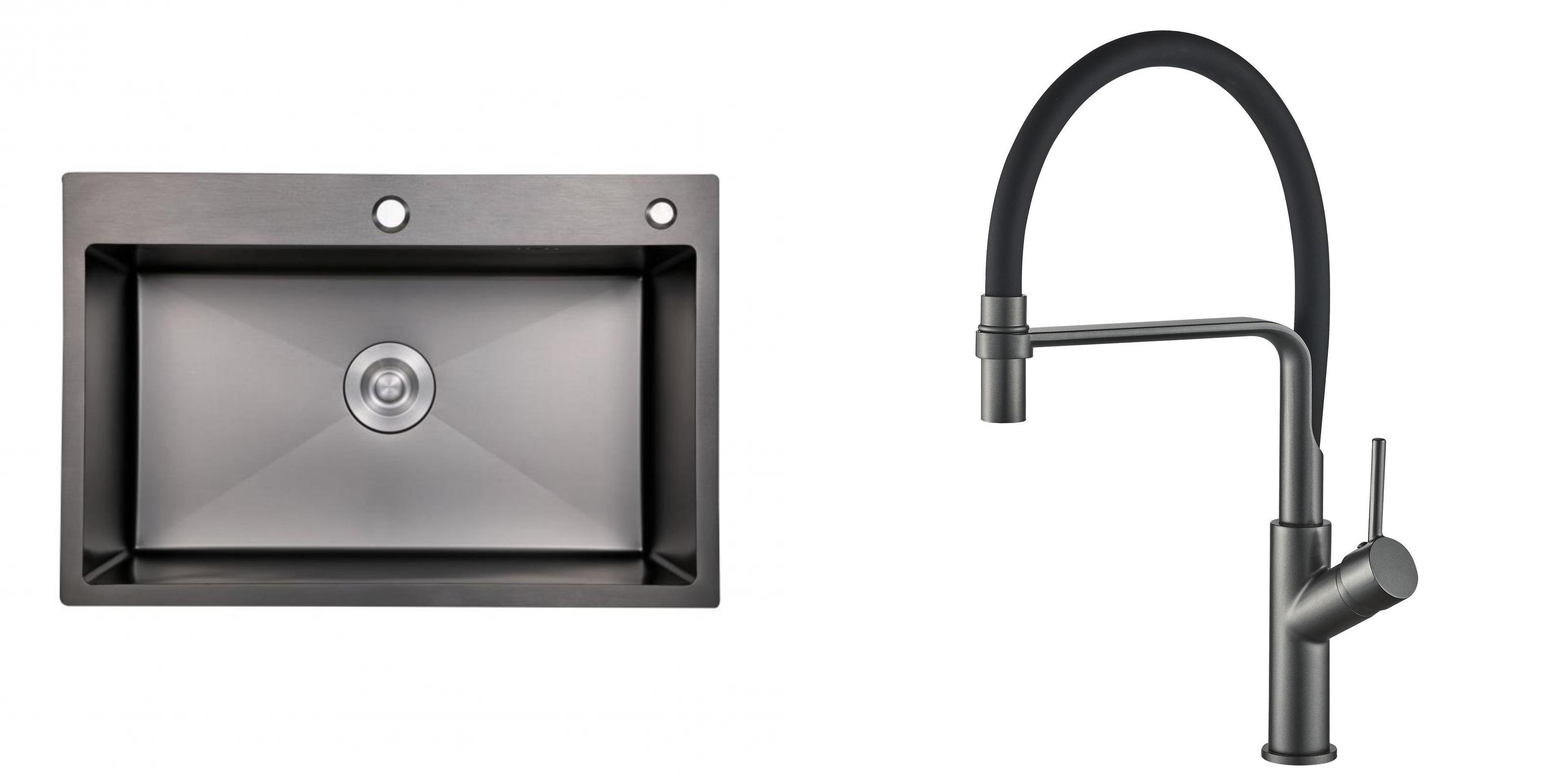 Мойка для кухни из нержавеющей стали Lidz GPVDB6050 со смесителем с гибким изливом и дозатором для мыла Графит (27086729)