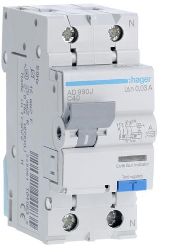 Дифференциальный автомат Hager AD990J 1+N 40 A 30 mA С 6 КА (6830454)