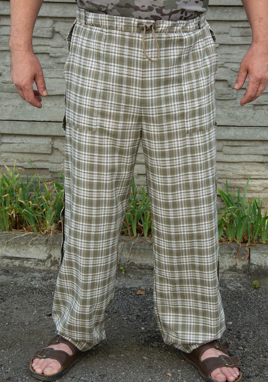 Штаны адаптивные летние хлопок клетка Оливковый