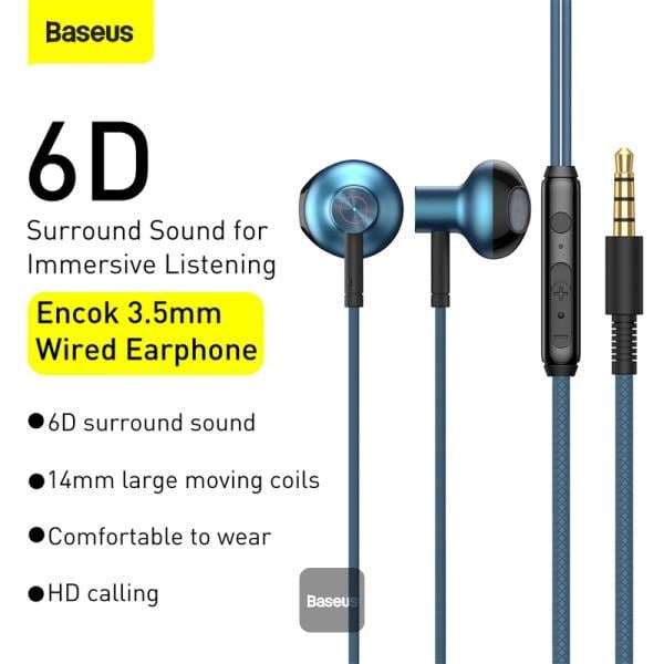 Навушники дротові вкладиші BASEUS Encok H19 з мікрофоном 3,5 мм Blue (NGH19-03) - фото 3