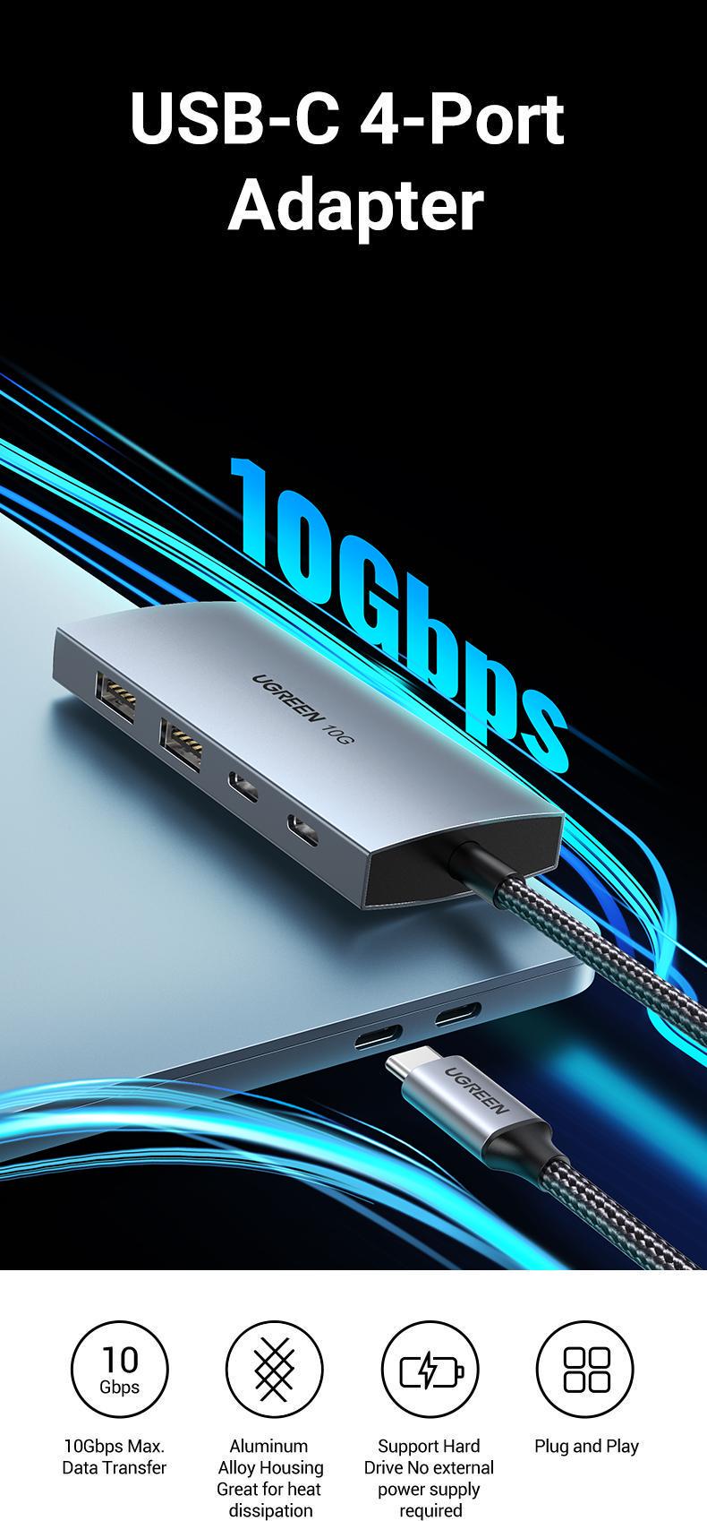 USB-хаб UGREEN Type-C-2x USB-A 3.2 Gen2 10 Гбіт/с 2x USB-C 3.2 Gen2 10 Гбіт/с USB-A Сірий (30758) - фото 2