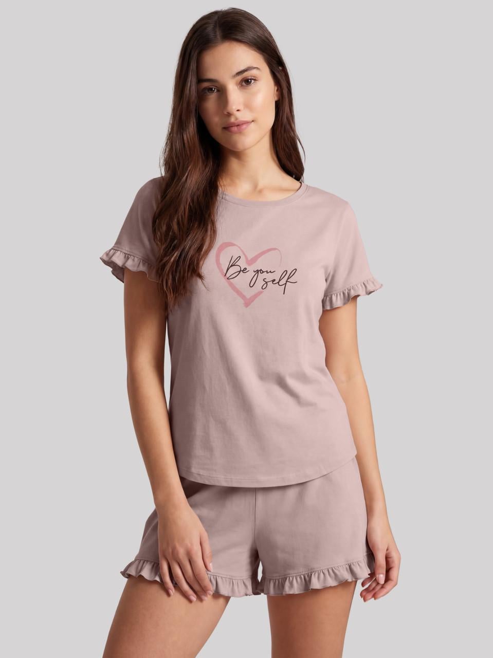 Пижама женская Roksana футболка/шорты хлопковая с принтом XL Кофейный (1677/16057)