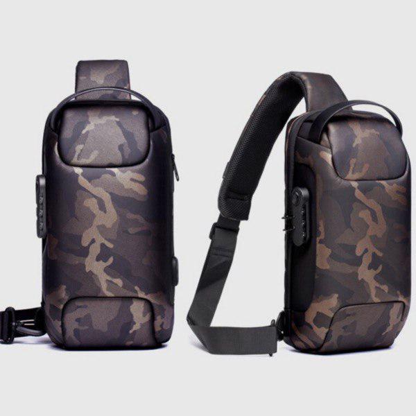 Мужская сумка-слинг с USB-разъемом и кодовым замком нейлон 34х18х10 см Камуфляж - фото 4