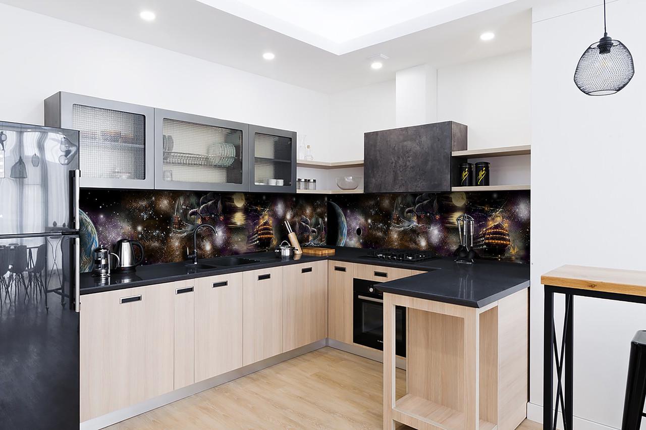 Кухонный фартук Космические корабли космос планеты из самоклеющейся виниловой пленки 60х300 см Черный