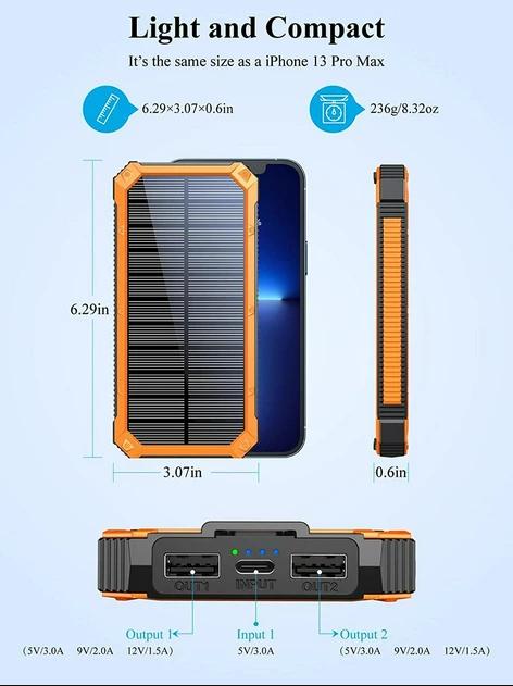 Повербанк с солнечной батареей и фонариком 20000 mAh - фото 3