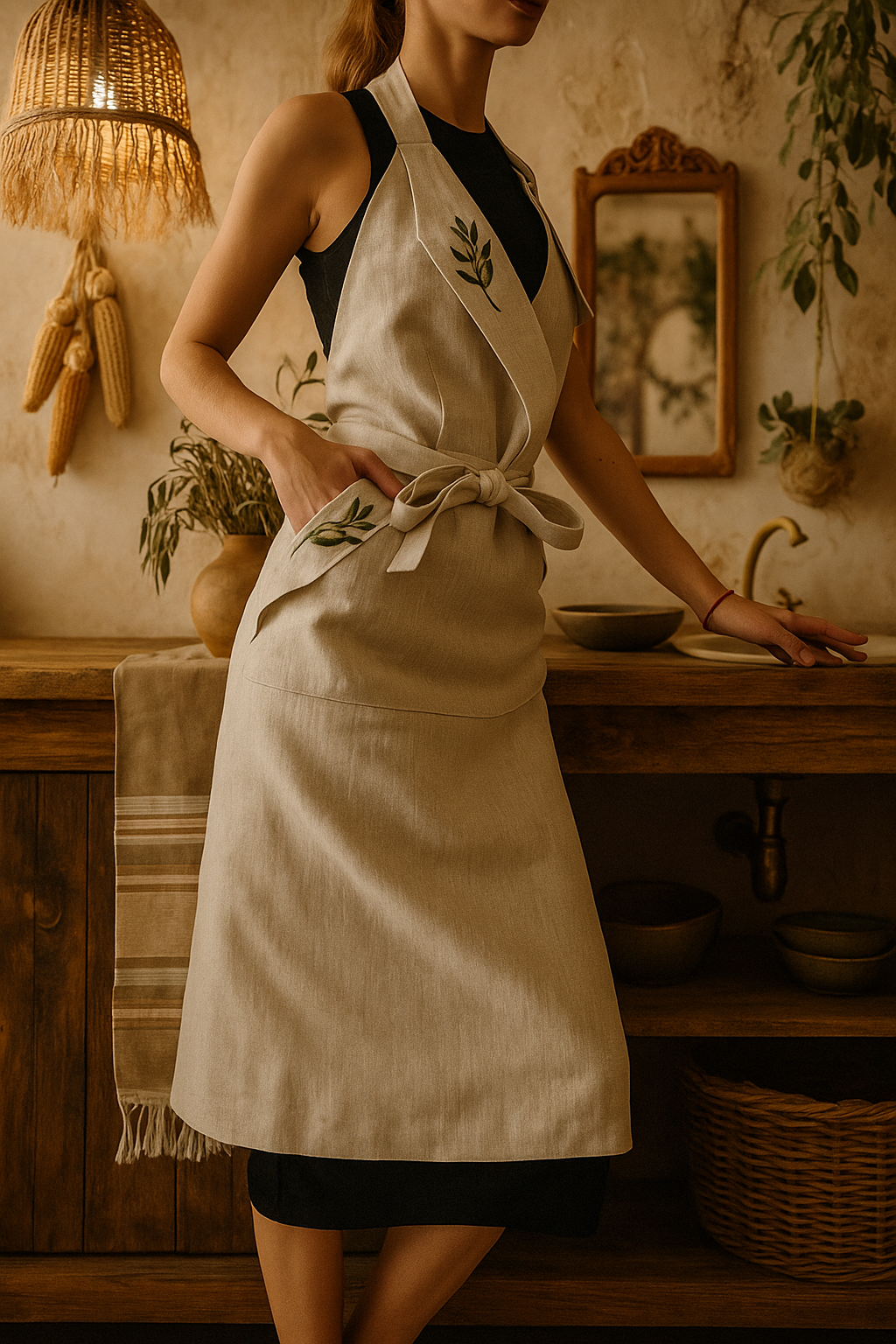 Фартук льняной с вышивкой Олива (30090924) Фартук льняной с вышивкой Олива (30090924)