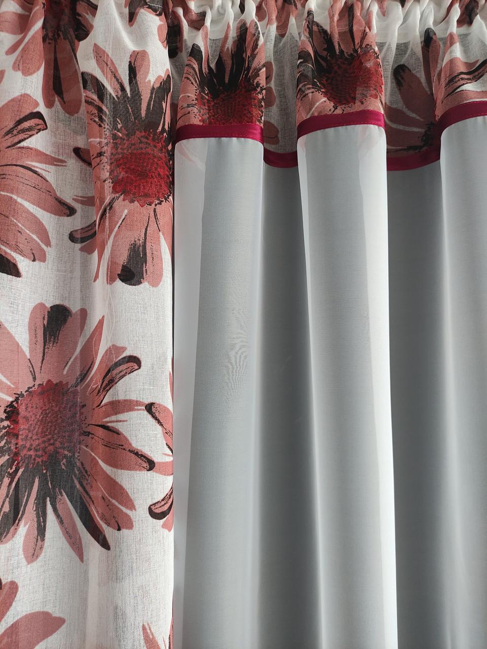 Комплект на кухонное окно Ромашка шифон и батист с цветами 290х190 см Белый/Терракотовый (ромашка-04) - фото 5