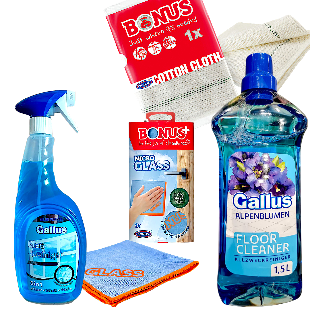Набор средство для пола Gallus/жидкость для пола 1,5 л/тряпка Cotton cloth/BONUS/спрей для стекол MicroGLASS (111150)