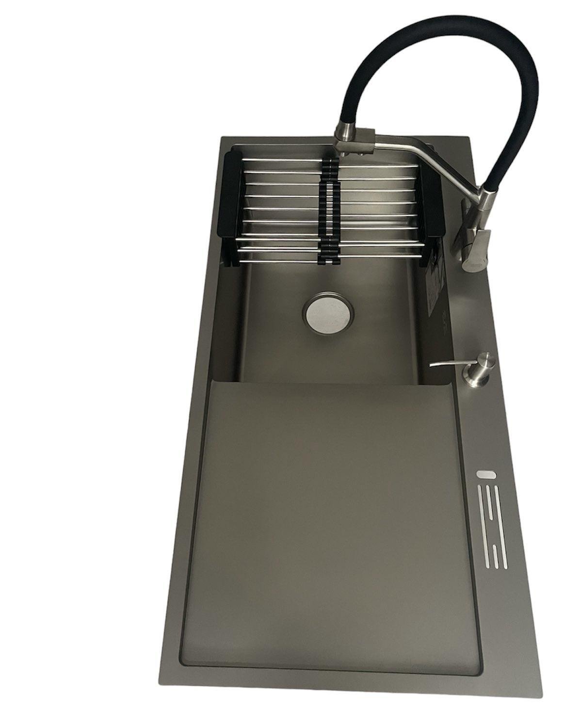 Мойка Lidz 10050 Brush с полкой для ножей и кран для кухни Kroner ESG03817BLK с подключением к фильтру