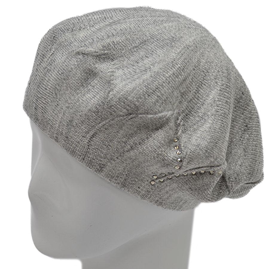 Берет Lirus Ирис двойной из шерсти тонкой вязки сбоку с камнями р. 56-58 Светло-серый