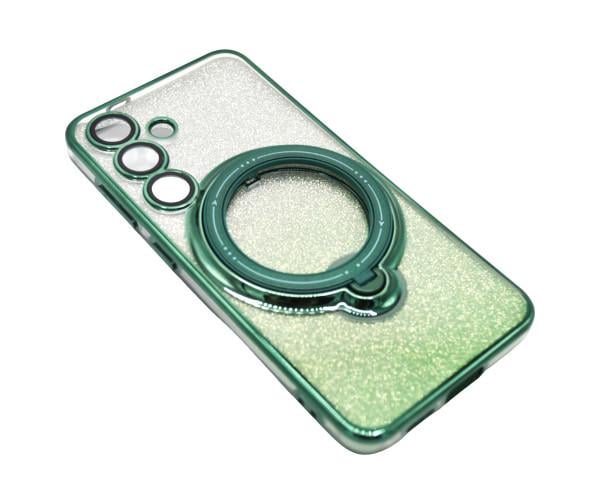 Силиконовый чехол накладка Glitter Case для Samsung Galaxy S24 Plus с металлическим кольцом держателем и защитой для камеры Зелёный