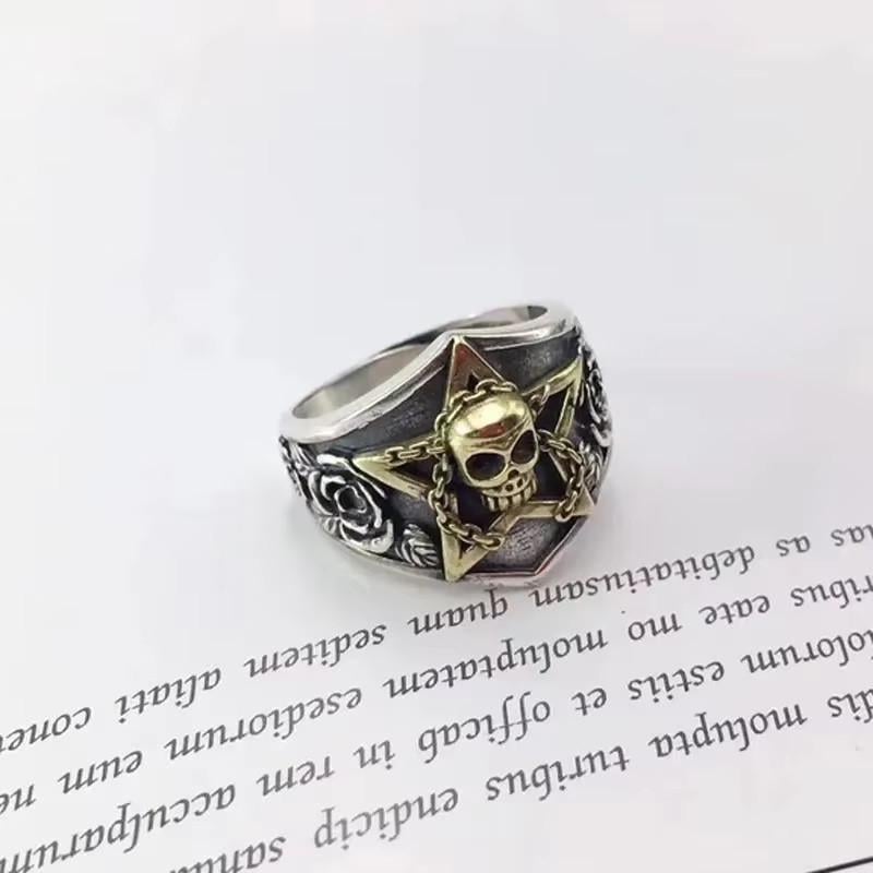 Кільце чоловіче Skull череп і Пентаграма із золотистою зіркою (1493396428)
