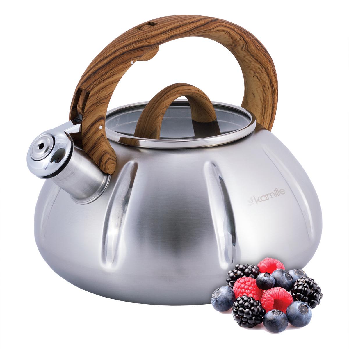 Чайник Kamille Vizo з нержавіючої сталі із свистком з ручкою під дерево 3 л Сріблястий (27198334) - фото 8 Чайник Kamille Vizo з нержавіючої сталі із свистком з ручкою під дерево 3 л Сріблястий (27198334) - фото 8