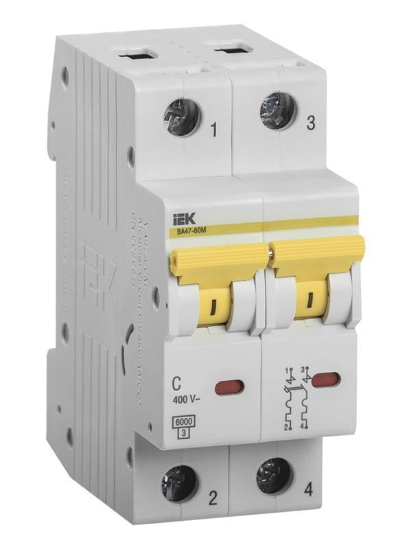 Автоматичний вимикач IEK ВА47-60 6A 6 kA 2 полюси тип C MVA41-2-006-C (37900)