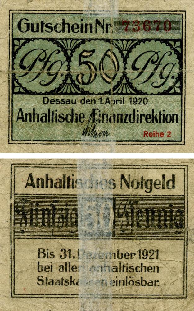 Коллекционная банкнота Германия Нотгельд 50 пфеннигов 1920 G-VG Дессау Разновидность 1 (Б18662)