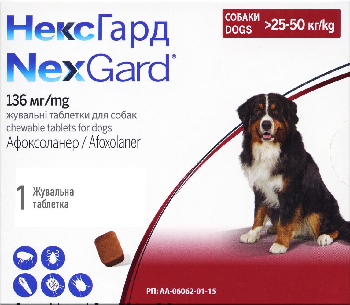 Жувальна таблетка від бліх та кліщів для собак вагою 25-50 кг XL Boehringer Ingelheim Nexgard 6 г (3661103042907/8713942403434) - фото 1