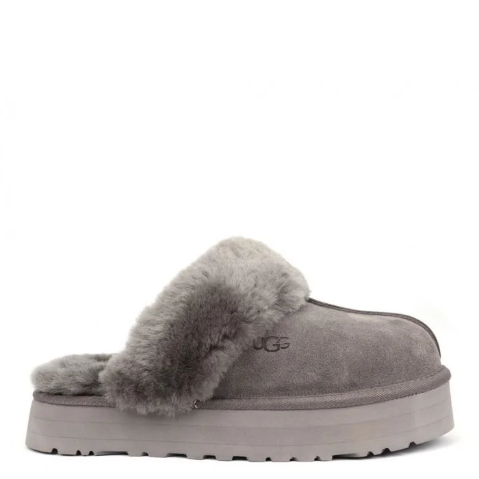 Уггі-шьопанці жіночі на платформі замшеві UGG Disquette Black Platform Slippers Charcoal р. 36 Сірий (16589)