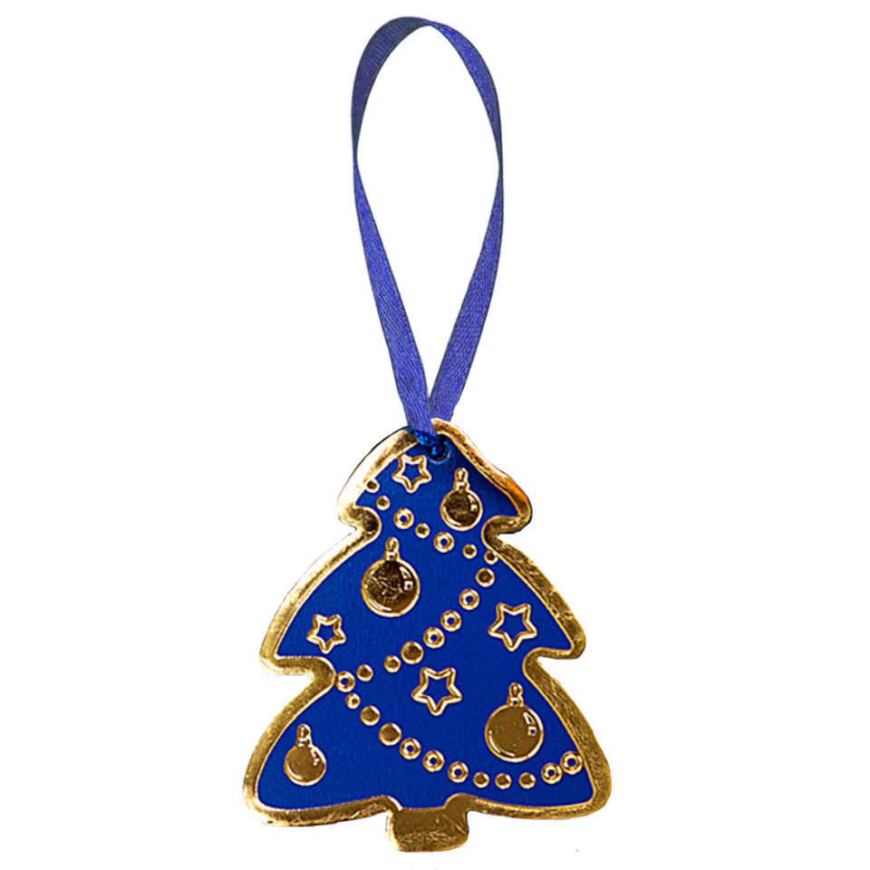 Новогодняя игрушка Елочка из натуральной кожи (Toy-Tree-Blue-Gold)