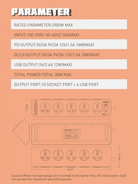 Подовжувач мережевий Ldnio SC10610 5 USB 1 Type-C швидка зарядка Quick Charge 3 2 м 10 розеток White - фото 9