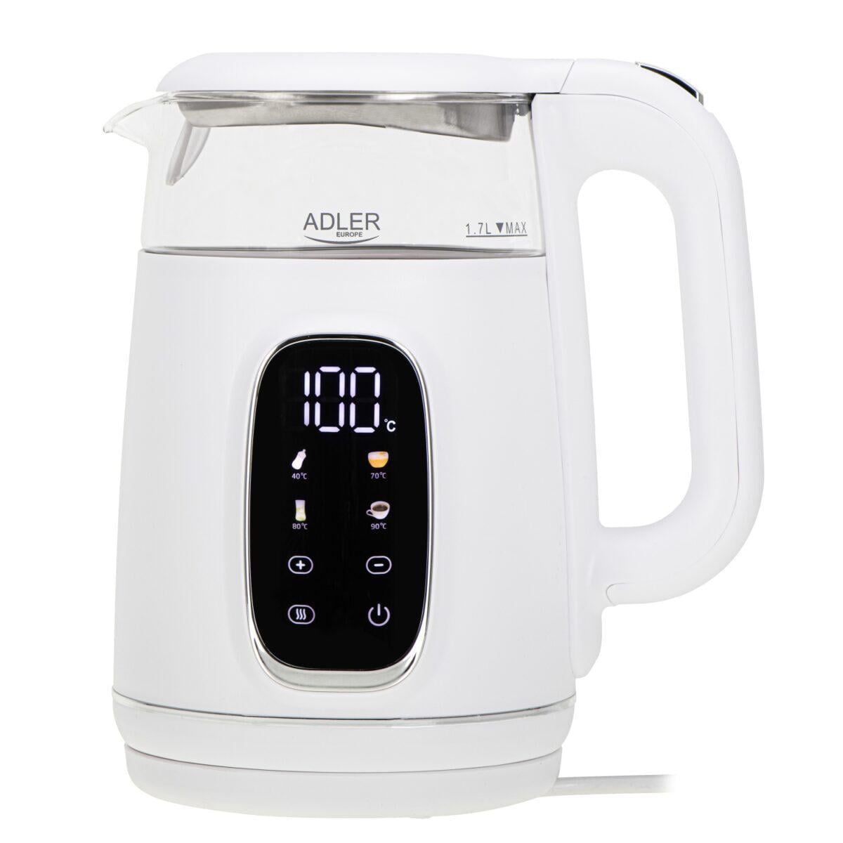 Чайник Adler електричний AD 1305 LED скляний 2200 Вт 40°C-100°C 1,7 л White/Silver (id_2068)