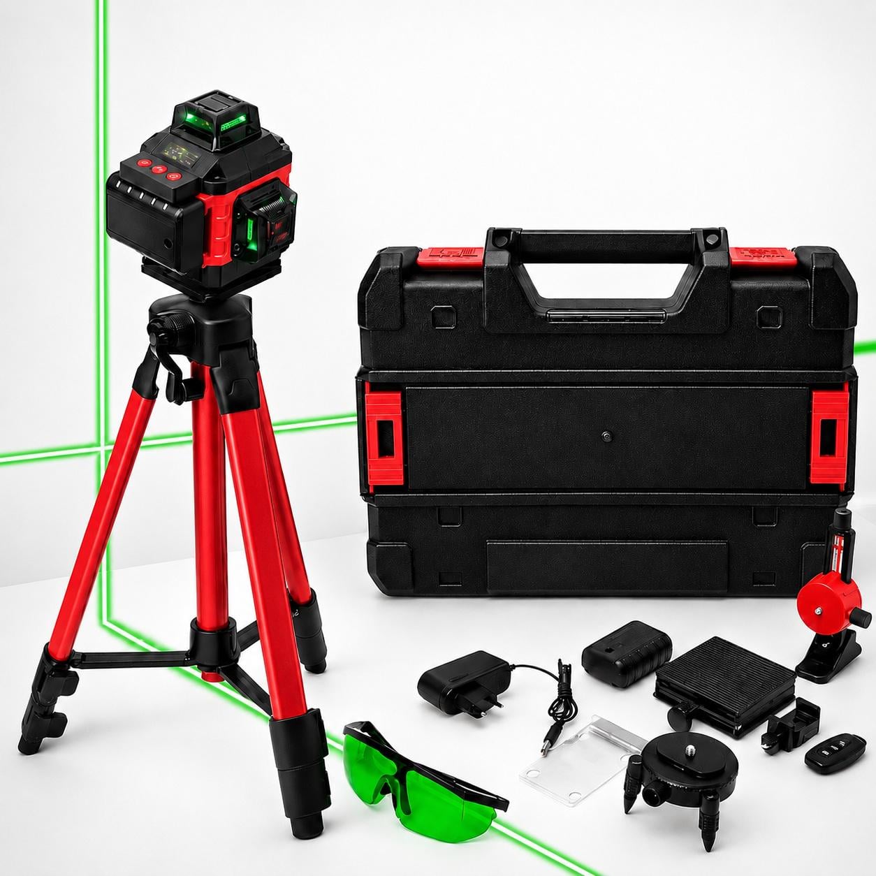 Нивелир Laser Level 4D 2 аккумулятора 16 линий Зеленый луч со штативом в кейсе Красный (376364)