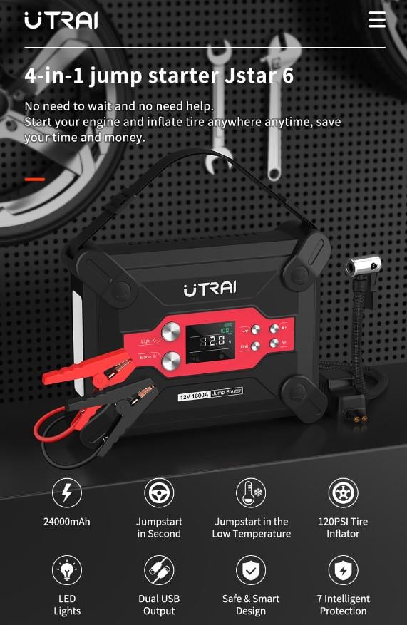 Пусковое устройство автомобильное Jump Starter UTRAI Jstar 6 4в1 1800A/24000 mAh - фото 6