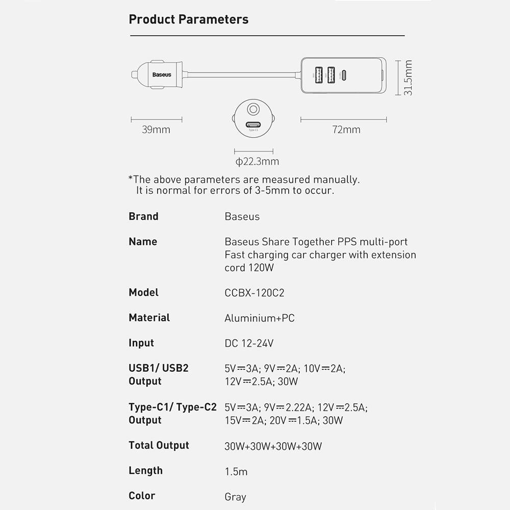 Устройство зарядное автомобильное в прикуриватель BASEUS Share Together PPS Multi-Port 2USB/2Type-C 120W Gray (CCBT-A0G) - фото 8