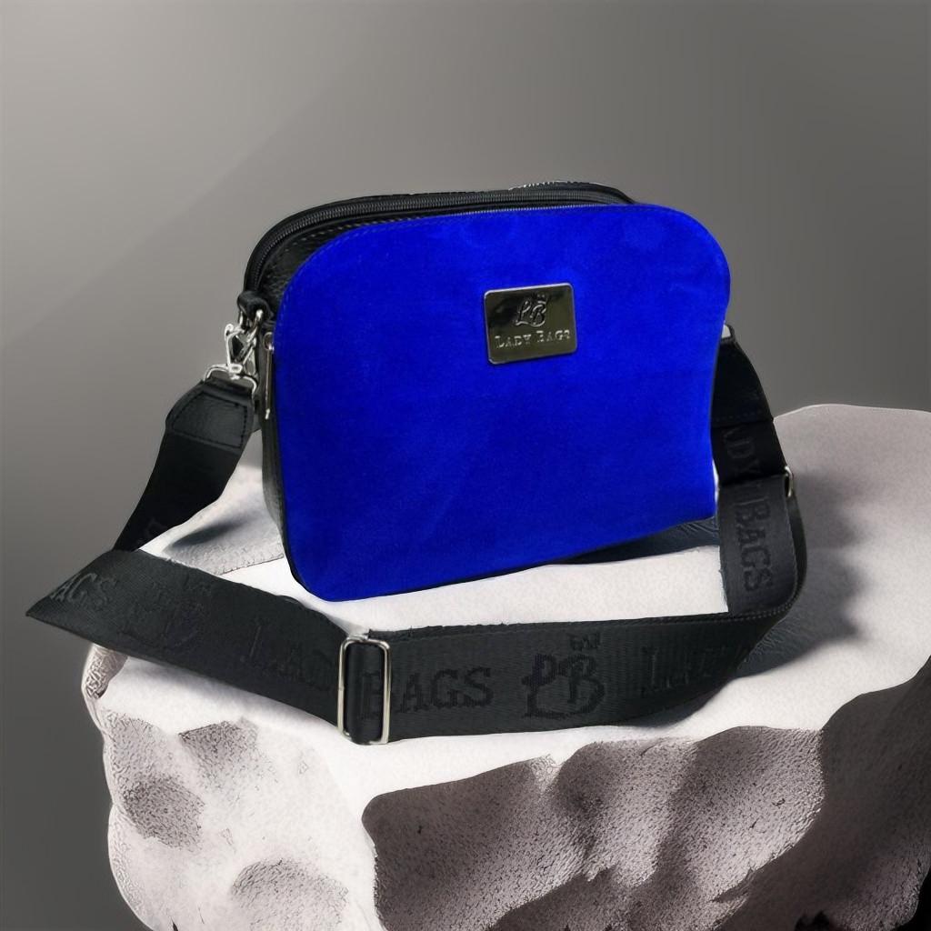 Сумка через плече жіноча сучасна міська екошкіра/натуральна замша 25х19х10 см Чорний із синім Сумка через плече жіноча сучасна міська екошкіра/натуральна замша 25х19х10 см Чорний із синім