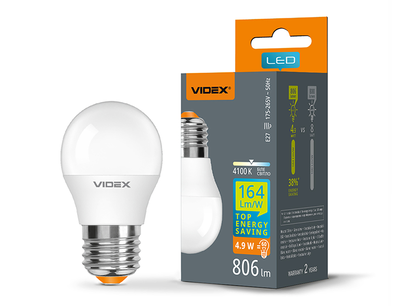 Светодиодная лампа Videx G45h 4,9 Вт E27 4100K 220В (VL-G45h-49274)