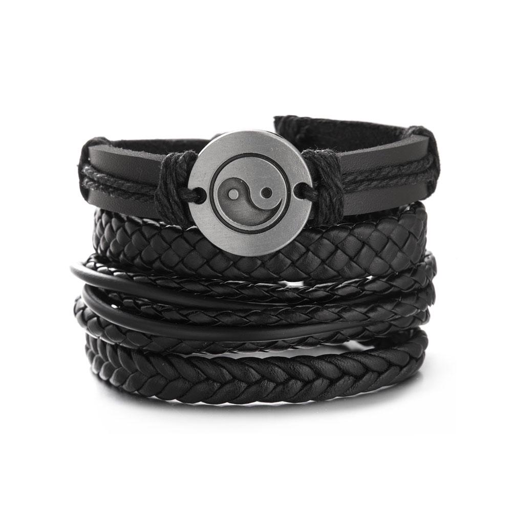 Набір браслетів чоловічих плетених шкіряних універсального розміру інь-янь (NR0518) Набір браслетів чоловічих плетених шкіряних універсального розміру інь-янь (NR0518)
