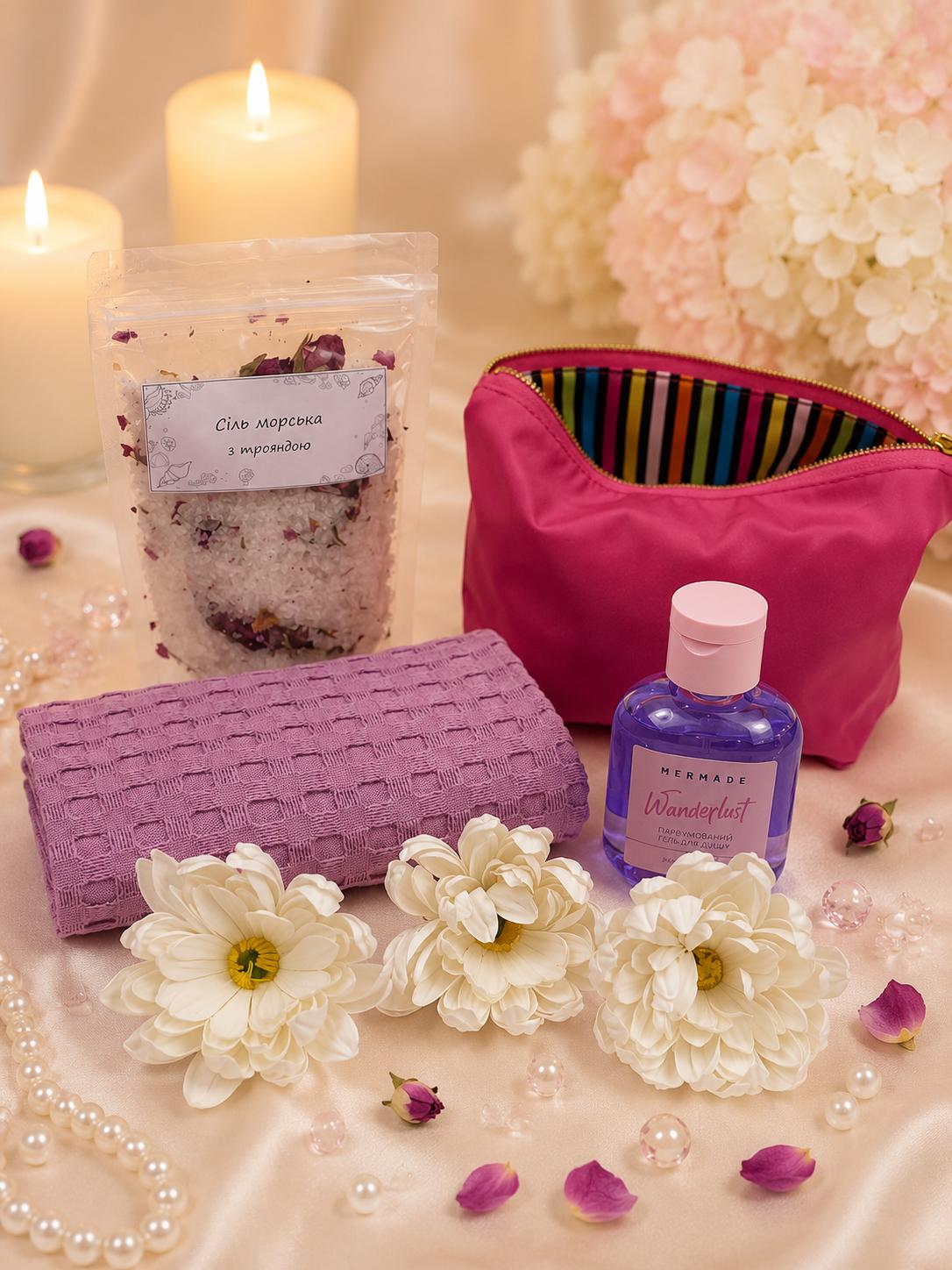 Набор подарочный SPA для женщины Pink Relax с косметичкой/вафельным полотенцем/морской солью и гелем для душа (5743-2254)