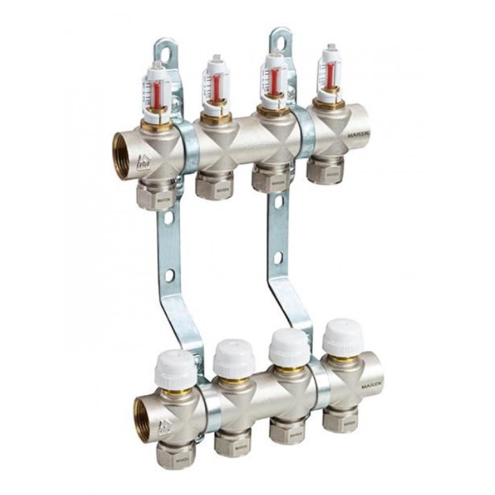 Комплект колекторів MAREK 1"x3/4" з латуні в зборі з витратомірами на 4 виходи (260132586)