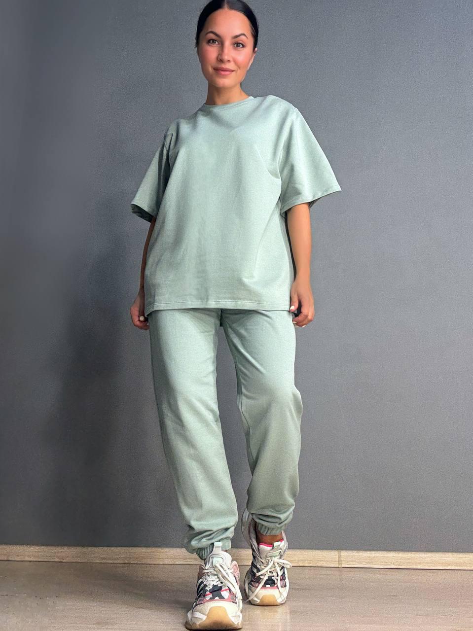 Костюм женский PEPPER MINT 24-01-01 двунитка однотонный брюки джоггеры с футболкой L Оливковый (1801)